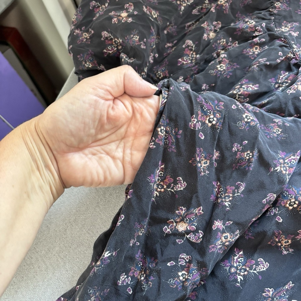 Suzie Kondi Easy Dress L Black Floral Silk Tiered Midi Boho Oversized Pockets - Picture 9 of 14